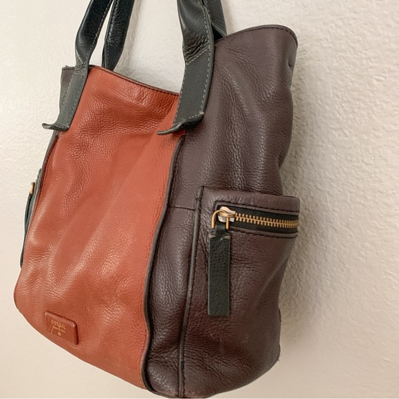 Fossil Brown and Black Soft Leather Satchel Handbag Purse Top Handle 3 Colorway - Picture 2 of 14